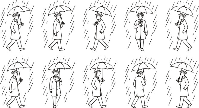 Rainy day people walking, umbrella illustrations, black and white, line art, vector icons