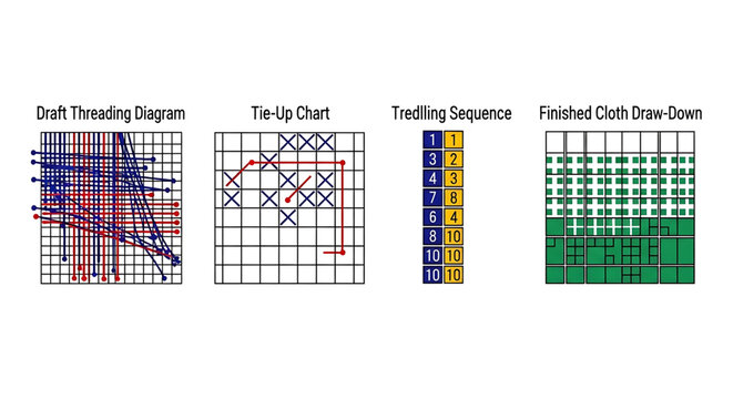 Weaving draft diagram with threading, tieup, treadling sequence and drawdown