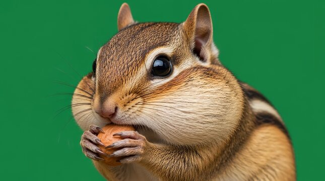 Adorable Chipmunk Portrait with Puffed Cheeks Eating a Nut Against a Solid Green Studio Background