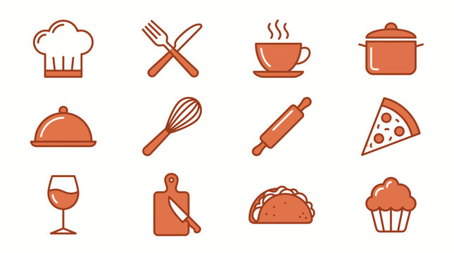 Food and drink icon set vector illustration featuring restaurant meal icons including breakfast lunch dinner items such as burger pizza coffee cake sandwich chicken cup and croissant symbols