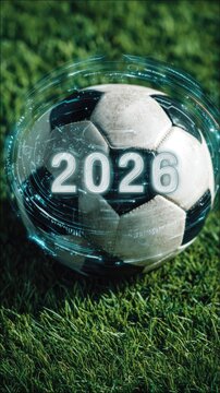 Soccer ball on green grass with 2026 displayed and colorful light trails in the background, featuring joe lorenz design