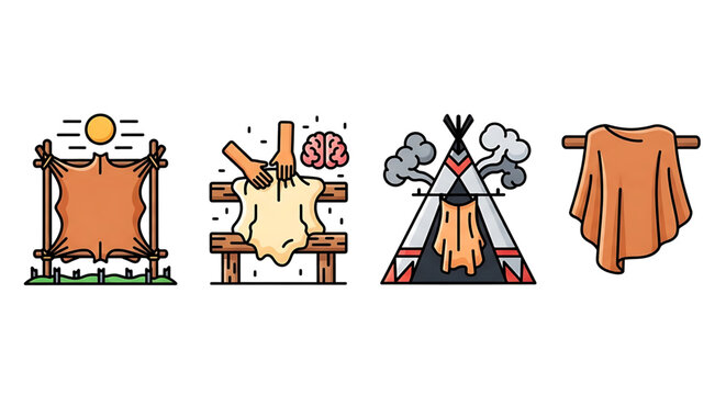 Set of icons representing the traditional process of tanning and smoking animal hides