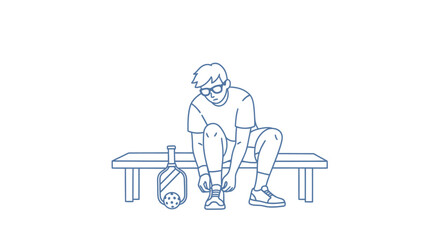 Fototapeta premium A man sits on a bench in a park with a dumbbell