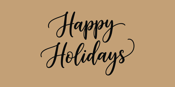 Black cursive text "happy holidays" on beige background