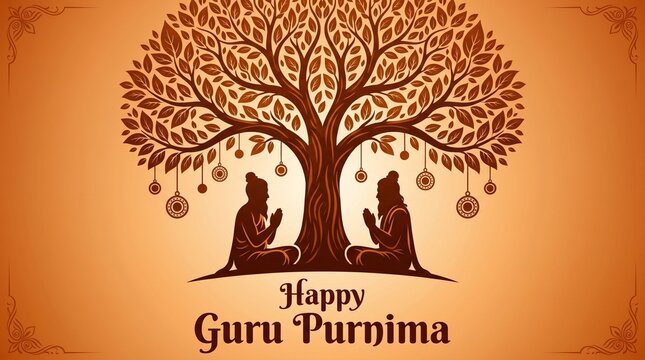 Happy Guru Purnima abstract vector artwork featuring silhouettes of a guru and shishya in a sacred posture under a Bodhi tree, glowing auras, and traditional Indian decorative borders