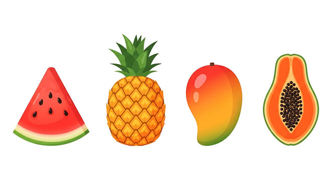Set of fresh tropical fruits including watermelon slice, pineapple, mango and papaya