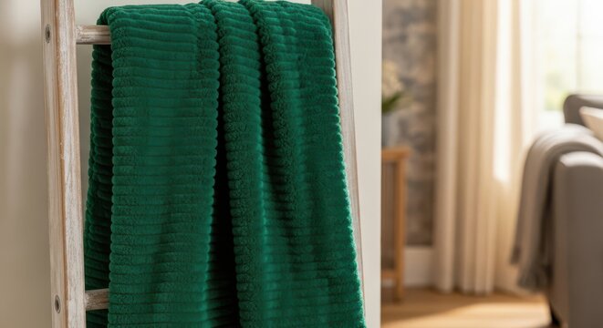 Deep Emerald Green Plush Chenille Throw Blanket with Textured Fabric Detail