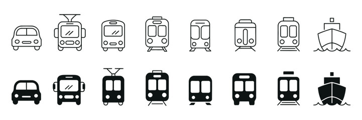 Vehicle types line and silhouette icon set public transport pictogram collection railway air transportation car bus train metro ship and plane symbols isolated vector illustration. © ABUBOKKORsiddik