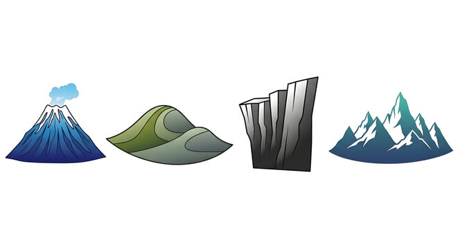 Set of four different natural landforms including a volcano, a green hill, a rocky cliff, and a mountain range