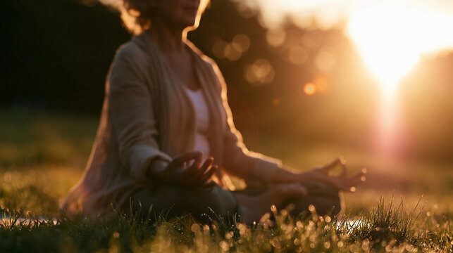Silhueta desfocada de uma mulher idosa latina meditando na natureza durante o p&ocirc;r do sol, foco detalhado na grama iluminada e conceito de bem-estar