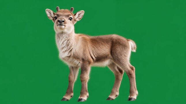 Adorable Baby Reindeer Calf Standing Isolated on Green Screen Background