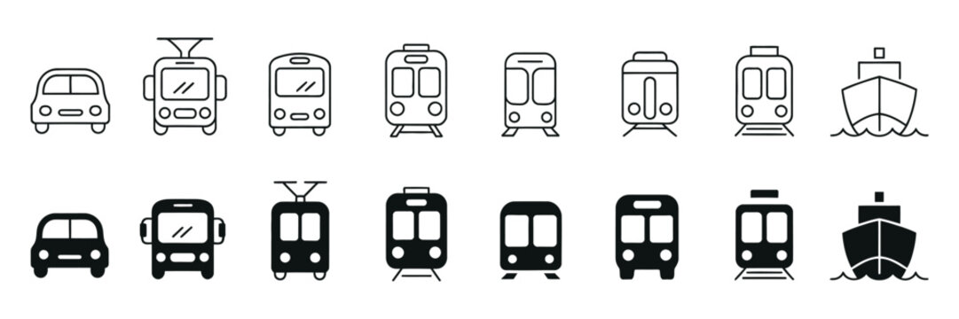Vehicle types line and silhouette icon set public transport pictogram collection railway air transportation car bus train metro ship and plane symbols isolated vector illustration.