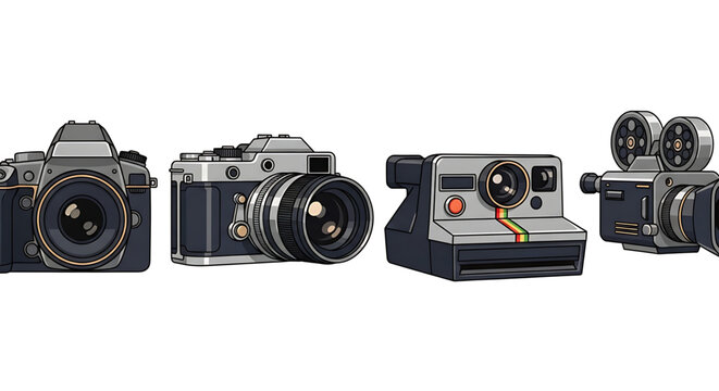 Set of vintage and modern cameras, including slr, rangefinder, instant, and movie cameras, illustrated style