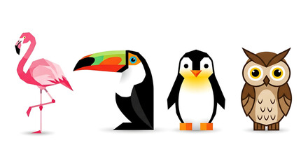 Naklejka premium Set of stylized geometric bird icons including flamingo, toucan, penguin, and owl vector illustration of colorful flat design birds
