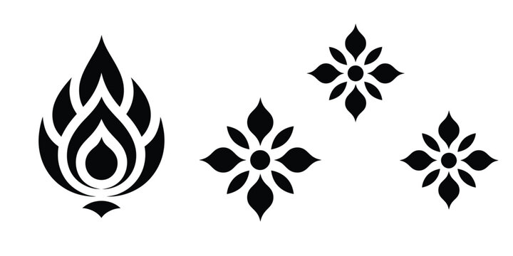 Traditional floral motif vector illustration with black isolated ethnic block print patterns and teardrop flame shapes for textile design