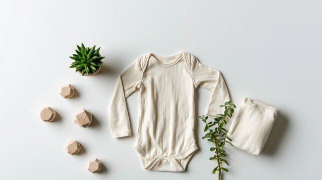 Flat lay shows Scandinavian minimal baby shower setup with geometric toys, a onesie, a plant, and clean white space for an inviting look