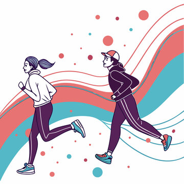Two people jogging together against a dynamic abstract background with colorful wave patterns
