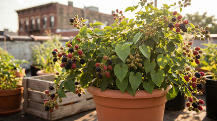 Obraz premium Blackberry plants grow in containers on a rooftop in an urban farming setting during sunset