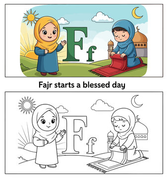 Muslim kids prayer fajr educational alphabet coloring page