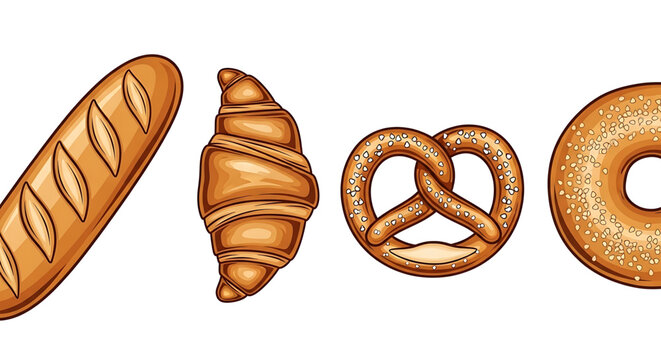 Set of various fresh bakery products including baguette, croissant, pretzel and bagel