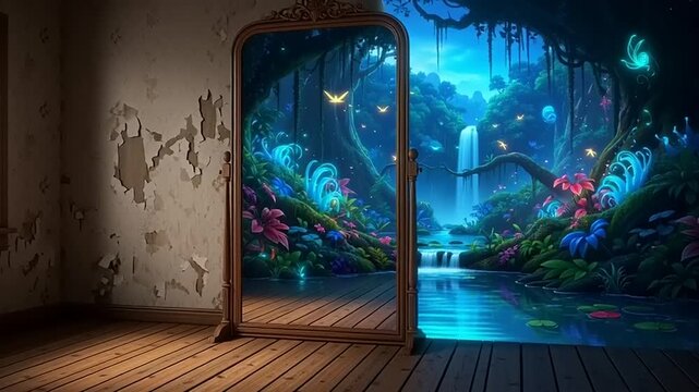 Magical Mirror Portal to an Enchanted Bioluminescent Forest