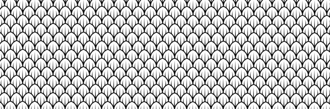 Dragon snake reptile fish mermiad scale seamless pattern tile. Dinosaur skin seamless pattern. Vector black line background.