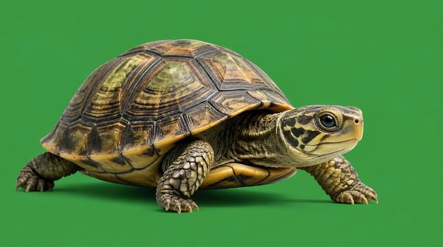 Tortoise Walking on Solid Green Background Side View Studio Shot of Box Turtle with Detailed Shell and Scaly Skin