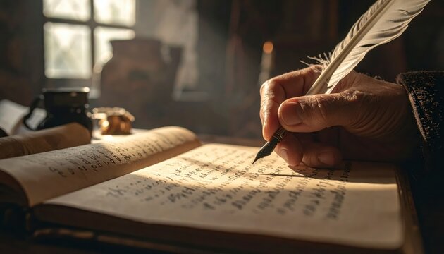 Hand holding a quill pen poised over an open vellum manuscript displaying beautiful handwriting