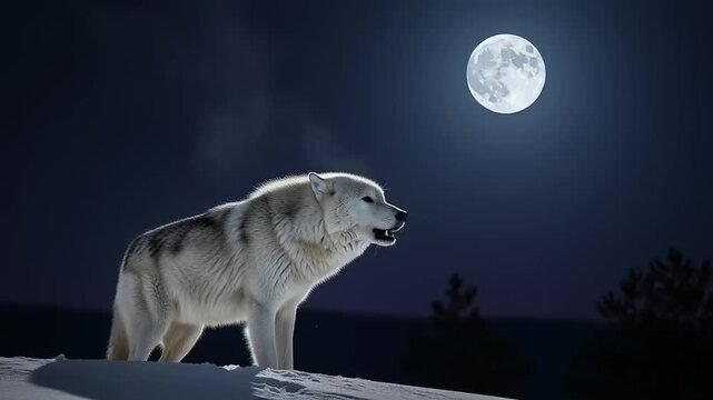 Majestic Gray Wolf Howling at Full Moon in Snowy Winter Night