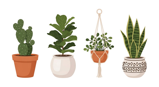 Set of potted houseplants, including a cactus, a fiddle leaf fig, a hanging plant, and a snake plant
