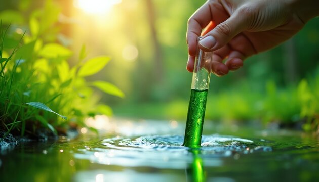 Hand holds test tube with green liquid for water analysis. Researching nature, collecting samples in lush green forest ecosystem. Science discovers clean water source for sustainable future.