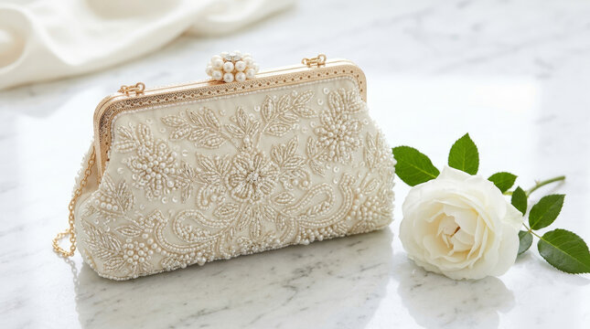 Elegant ivory clutch adorned with intricate beadwork, paired with a delicate white rose, set against a soft marble background.