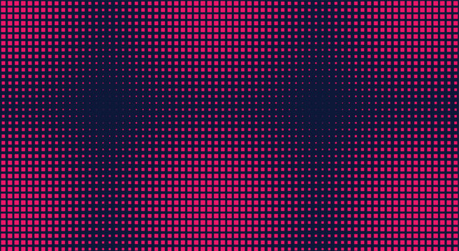 Neon pink blue halftone dotted gradient pattern. glowing pixel squares, dark space, synthwave style. for retro 80s arcade gaming posters, trendy vaporwave backgrounds. seamless vector graphic.
