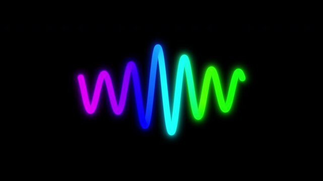 Animated bold neon sine wave with multicolored gradient oscillating smoothly on an isolated black background. A seamless looping glowing wavy line