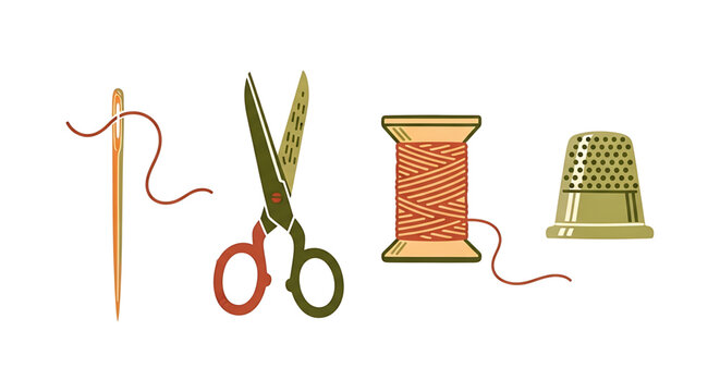 Set of sewing tools including needle with thread, scissors, spool of thread and thimble