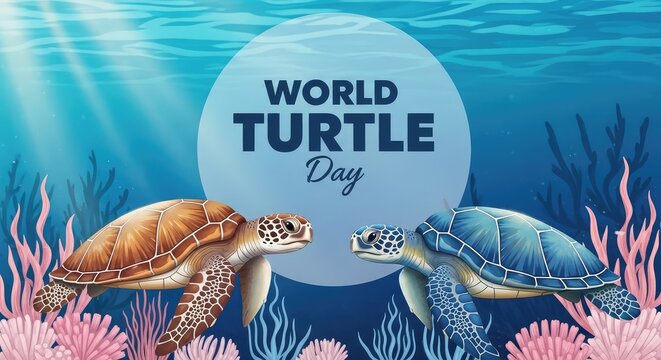 Colorful underwater scene with sea turtles for world turtle day nature wildlife conservation graphic