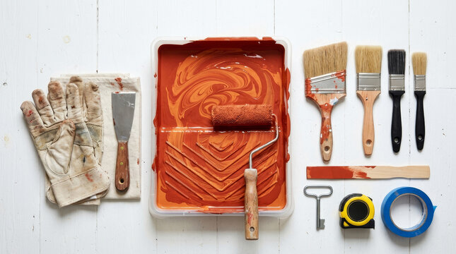 A vibrant display of painting tools: orange paint, brushes, a roller, gloves, and a tape measure, arranged neatly on a white surface.