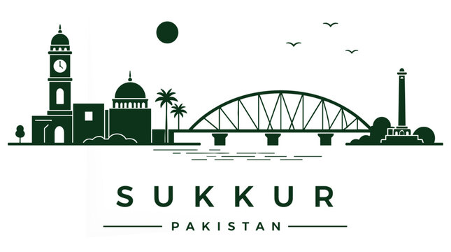 Sukkur Pakistan Skyline Ultra Minimal Vector Illustration Bridge Landmark Design