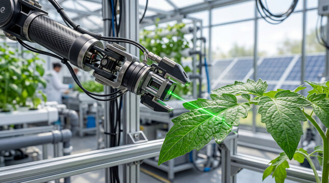 Futuristic robotic arm scanning plant leaf with green laser in biotech laboratory greenhouse, smart agriculture technology, automated crop monitoring and vertical farming innovation