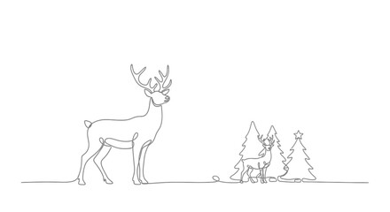 Fototapeta premium Continuous line drawing of a reindeer with antlers standing majestically beside decorated Christmas trees, a whimsical winter scene