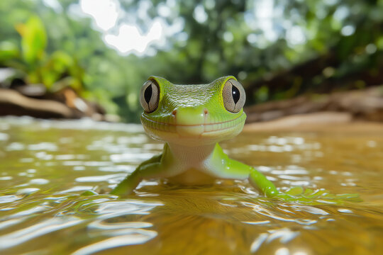animal by ai, gecko sitting in shallow water looking at camera, close up, blurred tropical river background, photorealistic
