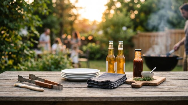 Backyard barbecue setup with beers, dishes, and condiments on table  