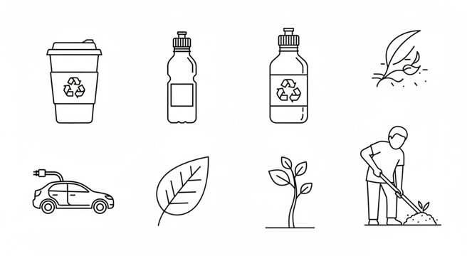 A person planting a sapling near a car and eco-friendly bottles and cups with leaves.