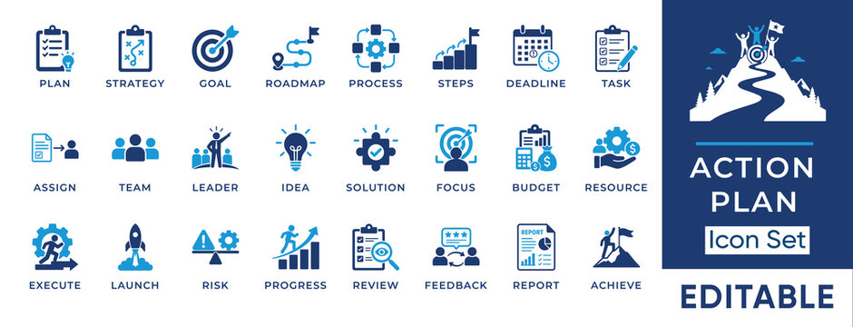 Action plan and project management solid icon set. Featuring symbols for strategy, roadmap, task execution, and progress tracking. Vector icons for business operations and corporate workflow.