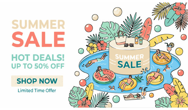 Summer sale banner with cream podium miniature pool party people and inflatable fruit floats vector illustration