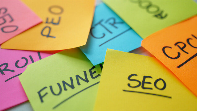 Closeup of colorful sticky notes with marketing acronyms written on them
