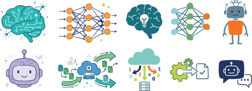 Artificial Intelligence and Machine Learning Technology Vector Icons Set