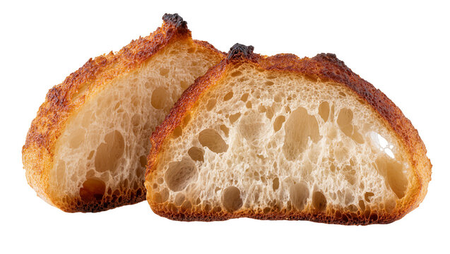 Two slices of rustic sourdough bread with dark crust, isolated on transparent background