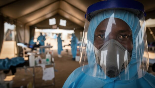 Health worker in respirator stands inside field clinic, symbolizing outbreak response and emergency medical care in Africa.