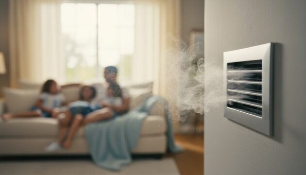 Dusty home air vent releases visible particles while blurred family relaxes in living room, symbolizing indoor pollution risk